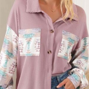 New! Lightweight Pink Western Aztec Toltec Corduroy Button Down Top